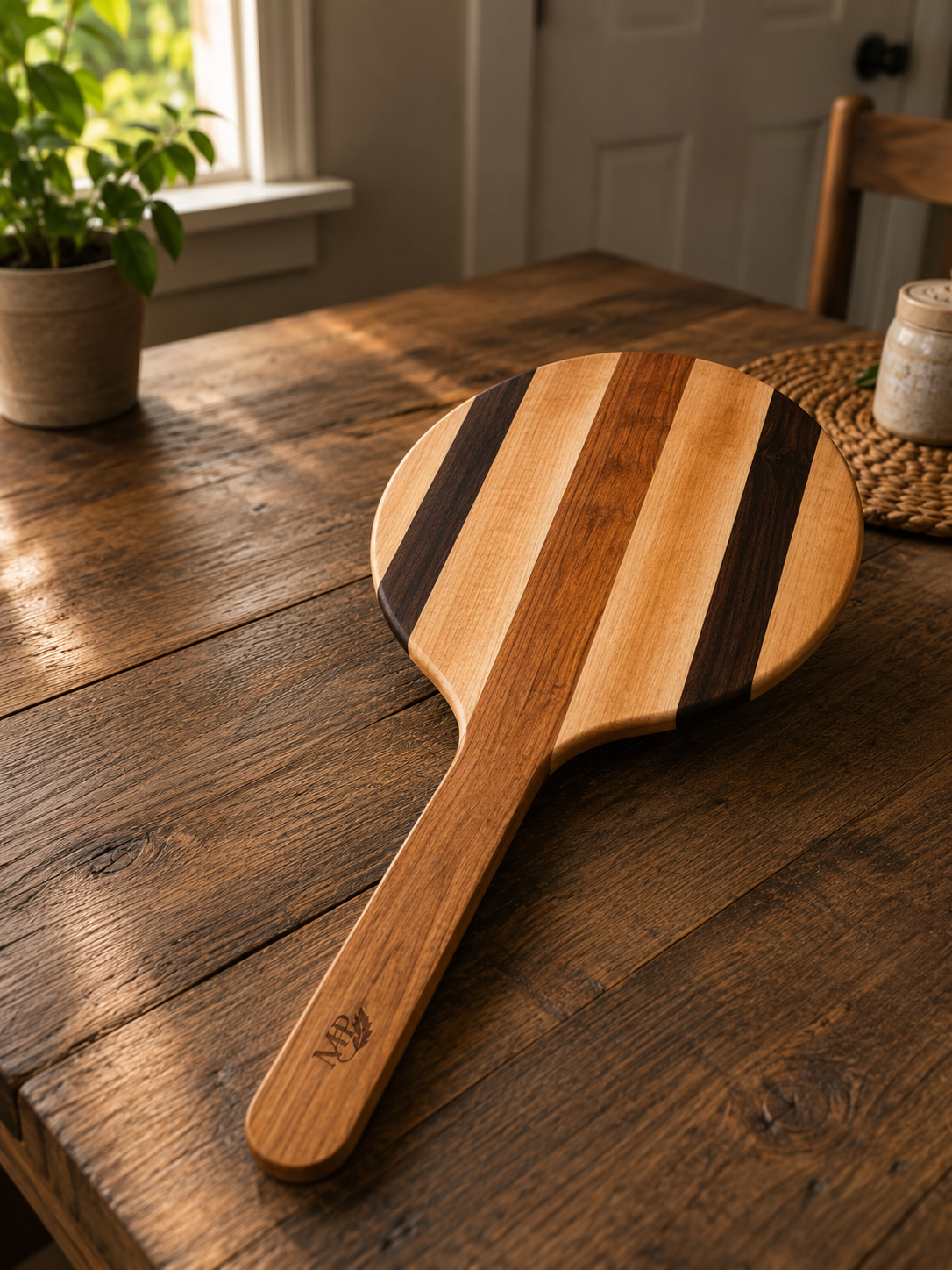 Planche à pizza en bois avec manche, rayures noyer et érable